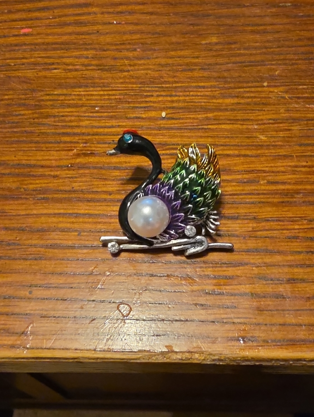 Vintage Black Swan Brooch Pin Multicolor Enamel Faux Pearl Bird Statement - Picture 2 of 6